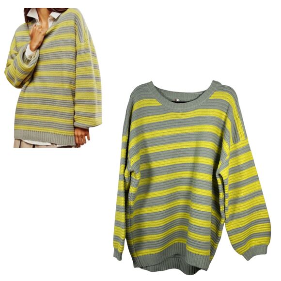 Free People Links Oversized Chunky Knit Sweater Grey Yellow Stripe Size Medium - Picture 1 of 7